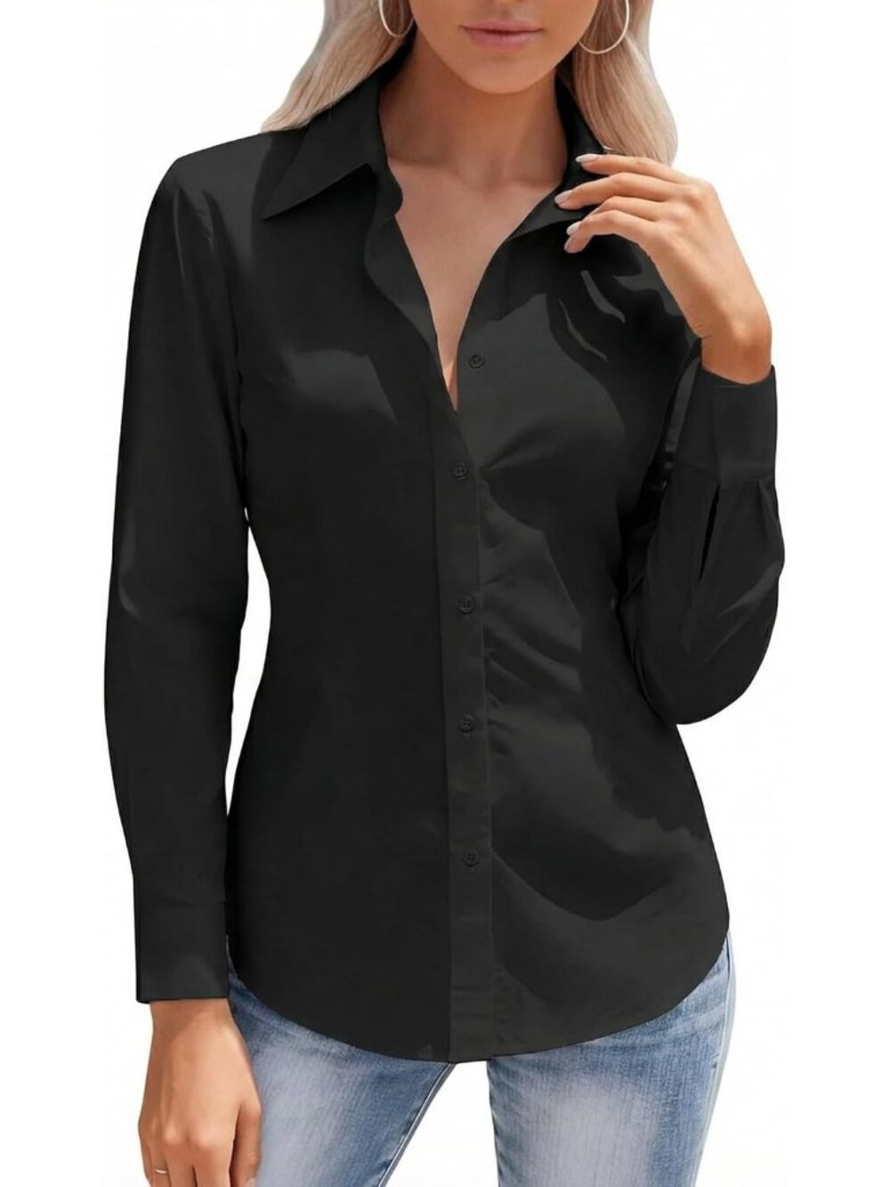 Women's Black Button Down Long Sleeve Stretch Slim Fit Wrinkle Free Work Shirts